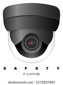 Security. Black dome surveillance camera with modern design and text emphasizing safety as a priority. Monitoring, protection, safety systems, video surveillance, advanced security technology