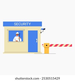 Security booth with male security guard holding radio in flat vector illustration symbolizing safety, control, and protection, isolated on white background.