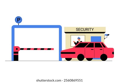 Security Booth And Parking Lot Entrance In Flat Vector Illustration Symbolizing Parking Management, Urban Security, And Transportation, Isolated On White Background