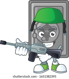 Security box closed mascot design in an Army uniform with machine gun