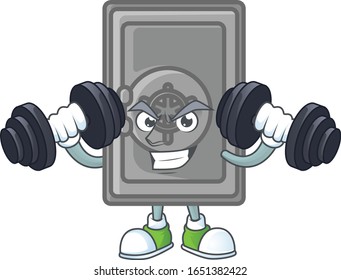 Security box closed mascot icon on fitness exercise trying barbells