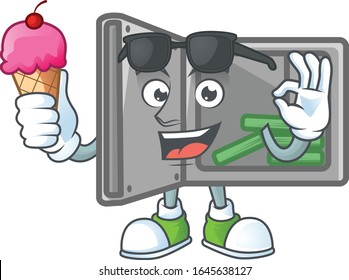 Caja de seguridad abierta caricatura de mascota estilo comer un helado