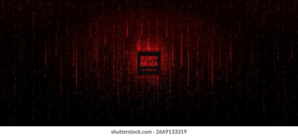 Security Breach Alert Red Binary Code Falling Digital Rain With Glowing Cyber Chip. Futuristic Abstract Background Concept For Hacking, Cybersecurity Risk and Data Fraud Themes BG. Vector Backdrop