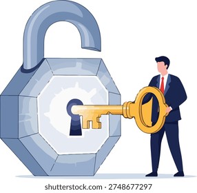 Security breach concept, man holding gold key to unlock