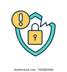 Security breach RGB color icon. Access security system. Hacker attack alert. Stealing confidential information. Cyber crime, phishing threat. Broken privacy rules. Isolated vector illustration