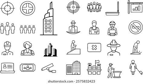 Security, building, surveillance, management, workforce, architecture, safety, business, industry, teamwork, urban, protection, target, people, worker, cityscape Vector Outline icon set