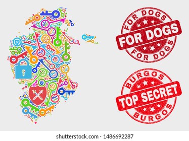 Security Burgos Province map and seals. Red rounded Top Secret and For Dogs scratched seals. Colorful Burgos Province map mosaic of different shield elements. Vector collage for security purposes.