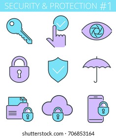 Security, business data protection color outline icons: lock, key, shield, padlock, umbrella. Vector thin line symbol and sign set. Isolated infographic elements for web, presentation, social network.
