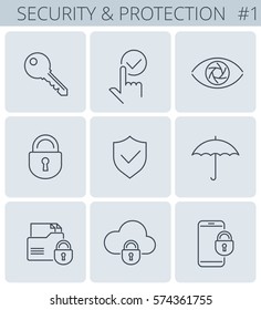 Security, Business Data Protection Outline Icons: Lock, Key, Shield, Padlock, Umbrella. Vector Thin Line Symbol And Sign Set. Isolated Infographic Elements For Web, Presentations, Social Networks.