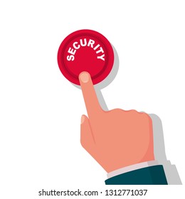 Security button. Hand pressing red button. Push finger. Vector illustration flat design. Click button isolated on background. Beginning  action, concept. Sos icon.