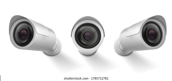 Security cam, cctv video camera, street observe surveillance equipment front and side angle view. Secure guard eye and crime prevention isolated on white background. Realistic 3d vector illustration