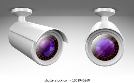 Security cam, cctv video camera, street observe surveillance equipment front and side angle view. Secure guard eye and crime prevention isolated on white background. Realistic 3d vector illustration