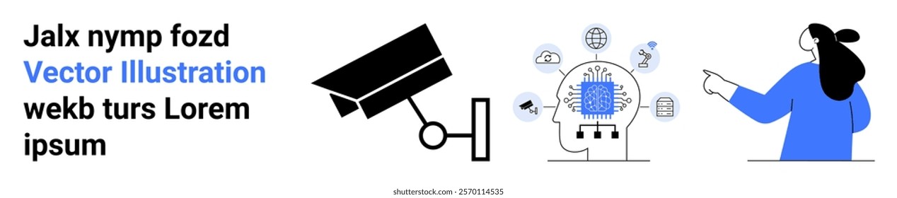 Security camera, artificial intelligence brain with technology icons, person pointing. Ideal for technology, security, AI, surveillance systems, data protection. Banner for landing page