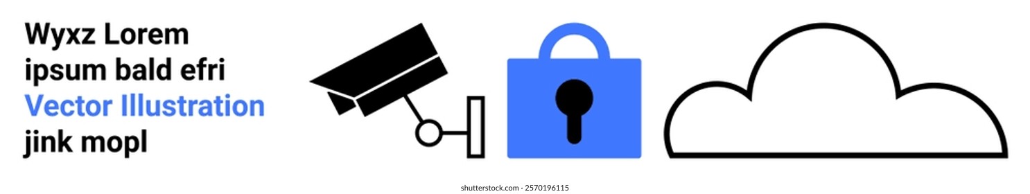 Security camera, blue padlock, and cloud symbol. Ideal for cybersecurity, data protection, cloud storage, surveillance systems, and IT infrastructure topics. Banner for landing page