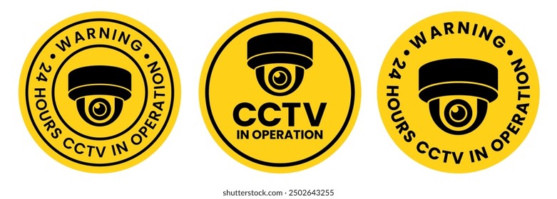 Sicherheitskamera oder CCTV-Schild, Logo, Abzeichen, Symbol, Aufkleber, Etikett, Emblem, Stempel, Symbol, schwarz, Linie, flacher Vektor, einzelne Illustration. Sicherheitskamera oder CCTV für Straßen-, Haus- und Gebäudekonzept.