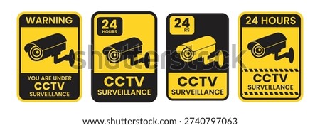Security Camera CCTV Sign Logo Badge Icon Set  Black Line Flat Vector Security Camera Symbol, Surveillance Sticker, Label, Emblem and Stamp, Isolated Illustration for Street, Home, Office and Building Security Concept
