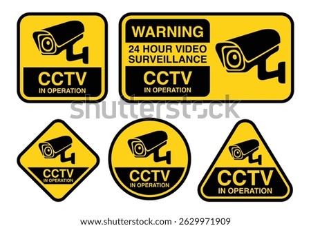 Security Camera or CCTV sign in yellow and black. Pictogram of CCTV in Operation