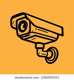 Security camera. CCTV surveillance system. Monitoring, guard equipment, burglary or robbery prevention. Vector illustration isolated on yellow background. 