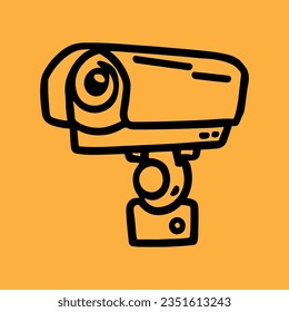 Security camera. CCTV surveillance system. Monitoring, guard equipment, burglary or robbery prevention. Vector illustration isolated on yellow background.