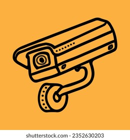 Security camera. CCTV surveillance system. Monitoring, guard equipment, burglary or robbery prevention. Vector illustration isolated on yellow background.