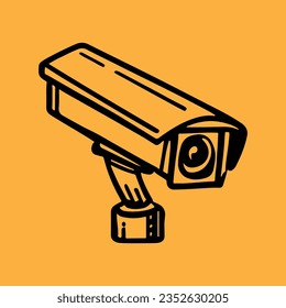 Security camera. CCTV surveillance system. Monitoring, guard equipment, burglary or robbery prevention. Vector illustration isolated on yellow background.