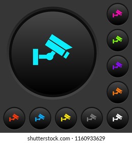 Security camera dark push buttons with vivid color icons on dark grey background