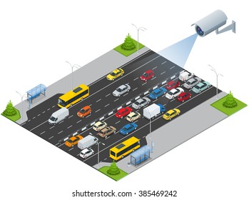 Security camera detects the movement of traffic. CCTV on isometric illustration of traffic jam with rush hour. Traffic 3d isometric vector illustration. 