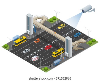 Security camera detects the movement of traffic. CCTV security camera on isometric illustration of traffic-jam with rush hour. 3d isometric vector illustration. 