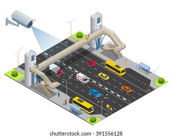 Security camera detects the movement of traffic. CCTV security camera on isometric illustration of traffic jam with rush hour. Traffic 3d isometric vector illustration. Traffic monitoring CCTV