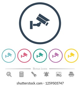 Security camera flat color icons in round outlines. 6 bonus icons included.