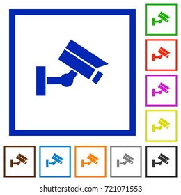 Security camera flat color icons in square frames on white background