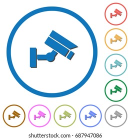 Security camera flat color vector icons with shadows in round outlines on white background