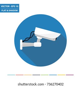 Security camera flat icon with long shadow. Vector Illustration.