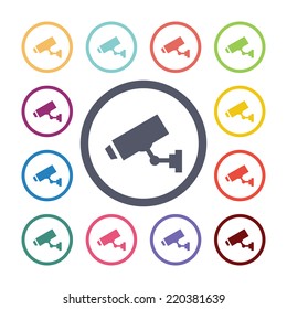 security camera flat icons set. Open round colorful buttons. Vector 