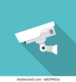 Security camera icon with long shadow. Flat design style. CCTV camera simple silhouette. Modern, minimalist icon in stylish colors. Web site page and mobile app design vector element.