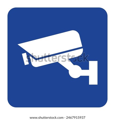 Security camera icon on blue, video surveillance CCTV sign. Surveillance camera, monitoring, home safety protection system. Fixed CCTV security camera icon vector template design. EPS 10.