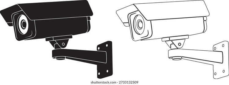 Conjunto de iconos de cámara de seguridad, con dibujo de líneas en blanco y negro, sobre un fondo blanco.