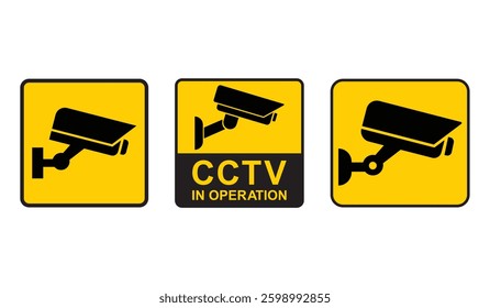 Security camera icon set in square, video surveillance, cctv sign. Symbol indicating camera operation. Warning monitoring, safety home protection system. Fixed CCTV, Security Camera Icon Vector.