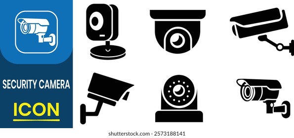 Security Camera icon set. Surveillance camera, monitoring, safety home protection system. Fixed CCTV, security, safety or video recording. Vector Template Illustration.