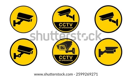 Security camera icon set in yellow circles, video surveillance, cctv sign. Symbol indicating camera operation. Warning monitoring, safety home protection system. Fixed CCTV, Vector illustration EPS 10