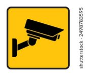 Security camera icon, video surveillance, cctv sign. Yellow square indicating camera operation. Warning monitoring, safety home protection system. Fixed CCTV, Security Camera Icon Vector.