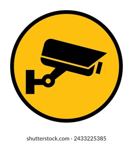 Icono de cámara de seguridad, videovigilancia, señal de cctv. Ronda amarilla que indica el funcionamiento de la cámara. Cámara de vigilancia, monitorado, sistema de seguridad de protección del hogar. Fijo CCTV, cámara de seguridad icono vector