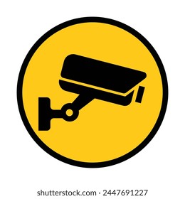 Icono de cámara de seguridad, videovigilancia, señal de cctv. Ronda amarilla que indica el funcionamiento de la cámara. Cámara de vigilancia, monitorado, sistema de seguridad de protección del hogar. Fijo CCTV, Vector de iconos de cámara de seguridad.