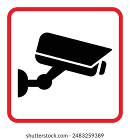 Icono de cámara de seguridad, videovigilancia, señal de cctv. Cuadrado rojo que indica el funcionamiento de la cámara. Monitoreo de advertencia, sistema de protección del hogar de seguridad. Fijo CCTV, Vector de iconos de cámara de seguridad.