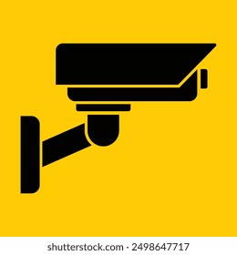 Security camera icon, video surveillance, cctv sign. Yellow square indicating camera operation. Warning monitoring, safety home protection system. Fixed CCTV, Security Camera Icon Vector.
