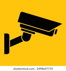 Icono de la cámara de seguridad, videovigilancia, señal de circuito cerrado de televisión. Cuadrado amarillo que indica la operación de la cámara. Monitoreo de advertencias, sistema de seguridad y protección del hogar. Fijo CCTV, Vector del icono de la cámara de seguridad.