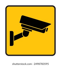 Icono de la cámara de seguridad, videovigilancia, señal de circuito cerrado de televisión. Cuadrado amarillo que indica la operación de la cámara. Monitoreo de advertencias, sistema de seguridad y protección del hogar. Fijo CCTV, Vector del icono de la cámara de seguridad.