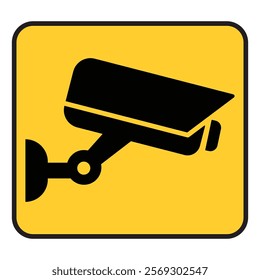 Security camera icon, video surveillance, cctv sign. Yellow square indicating camera operation. Warning monitoring, safety home protection system. Fixed CCTV, Security Camera Icon Vector, EPS 10.