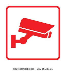 Security camera icon, video surveillance, cctv sign. Red square indicating camera operation. Warning monitoring, safety home protection system. Fixed CCTV, Security Camera Icon Vector.