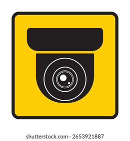 Ícone de câmera de segurança, vídeo-vigilância, sinal de cctv. Quadrado amarelo indicando operação da câmera. Monitoramento de aviso, sistema de proteção doméstica de segurança. CCTV fixo, Vetor de Ícone de Câmera de Segurança, EPS 10.